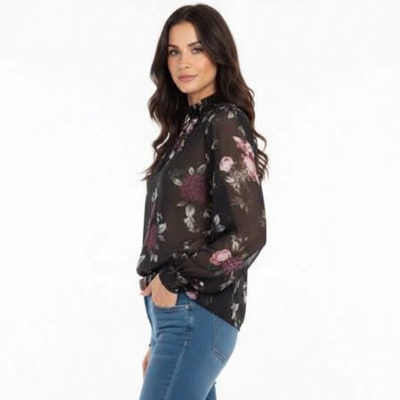 NWT Torrid Floral Sheer Chiffon Blouse, Sz 0/L (12) | Smocked Mock Neck & Cuffs - Picture 2 of 7